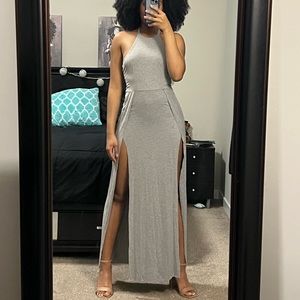 Gray form fitting double slit summer dress